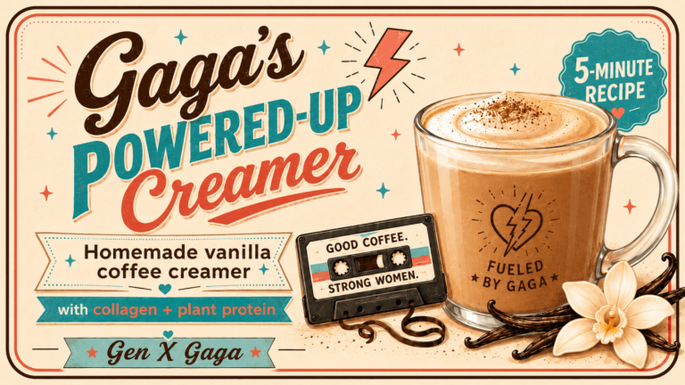 Retro illustration of Gaga’s Powered-Up Creamer with a coffee mug, vanilla flower, vanilla beans, and cassette tape.